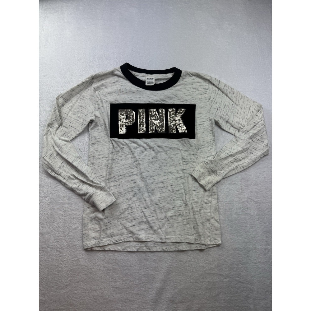 VICTORIA'S SECRET PINK Small Long-Sleeve Gray Black Velvet Stripe Silver Sequins